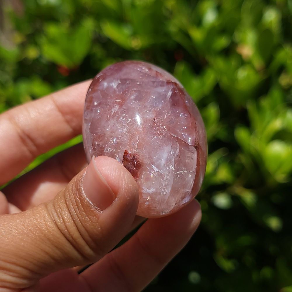 Hand holding a fire quartz palm stone against a green leafy background