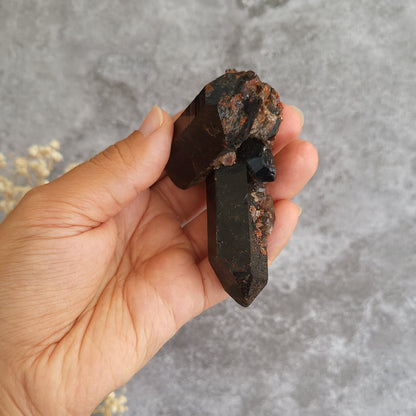 A hand holding a dark natural crystal cluster with rough mineralized sections, photographed against a gray textured background.