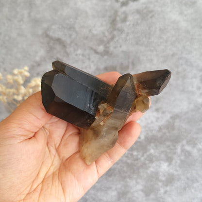 A hand holding a cluster of smoky brown and translucent crystal points against a textured gray background.