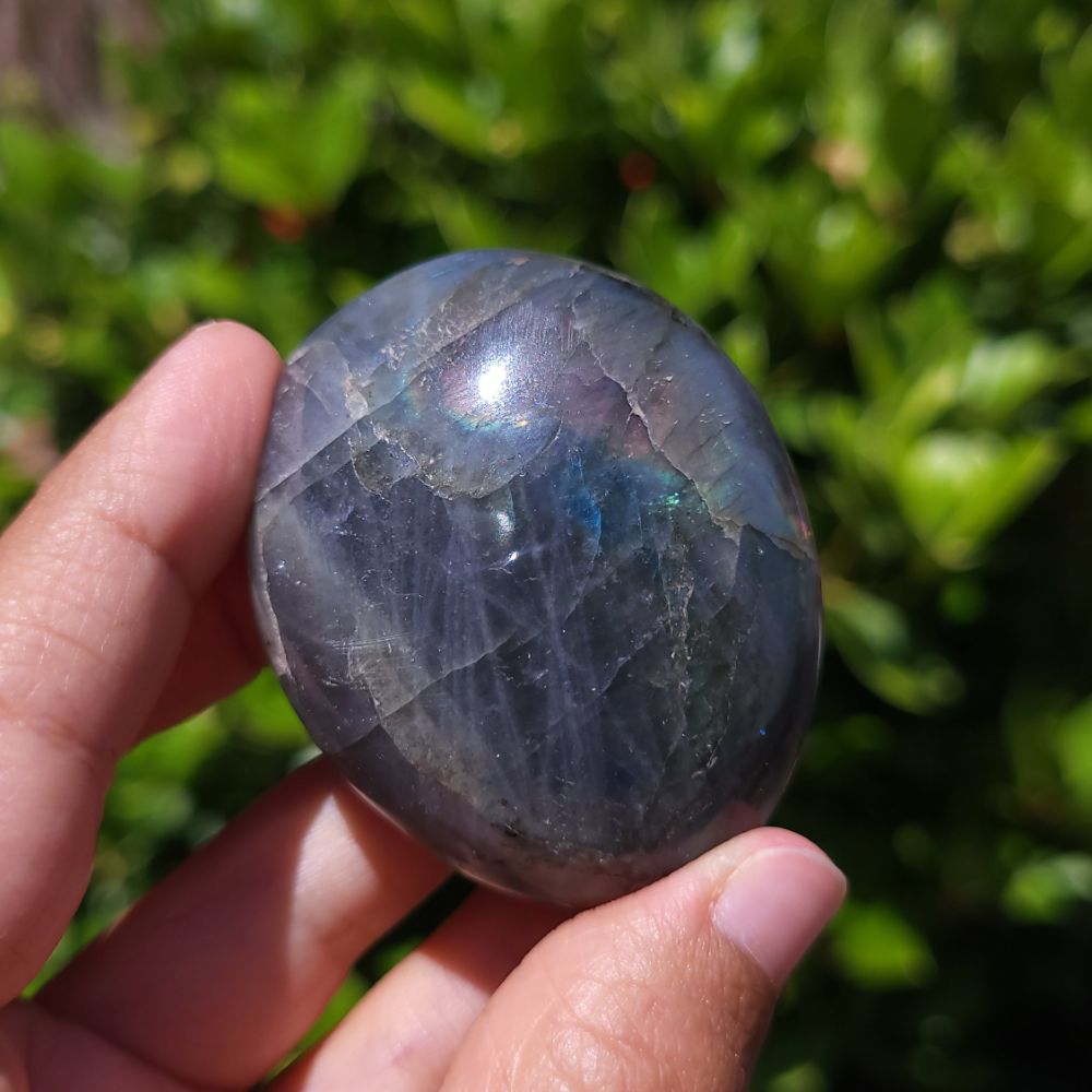 Hand holding a Labradorite stone with a blurred green background