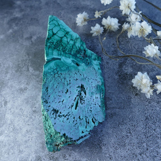 Dumi's Crystals - Malachite Transformation Prism (11cm, 3.5cm, 4.3cm, 5.5cm sides). Unique geometry! Unpolished malachite in a triangular prism promotes healing, protection & growth.