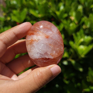 Hand holding a fire quartz palm stone against a green leafy background