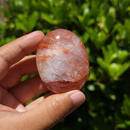 Hand holding a fire quartz palm stone against a green leafy background