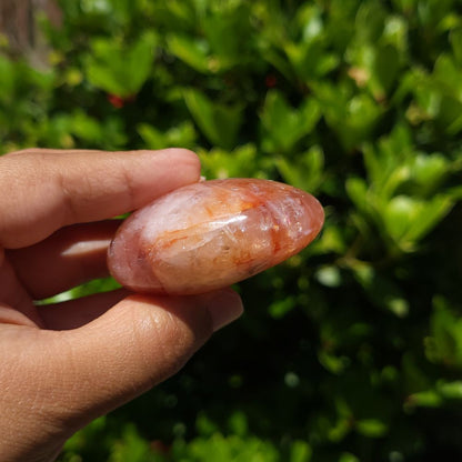 Hand holding a fire quartz palm stone with green foliage in the background