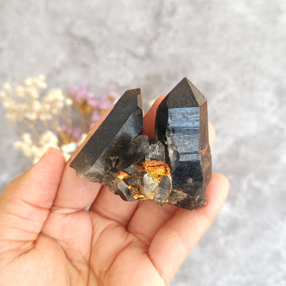 A hand holding a natural dark gray to black banded quartz crystal cluster with metallic gold and orange inclusions, set against a soft gray textured background with blurred dried flowers.