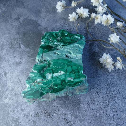 Dumi's Crystals Malachite Slab (8.5cm x 6cm x 1cm) - Duality of Beauty! Polished side reveals Malachite's brilliance, natural side showcases raw form. Promotes healing, protection, and growth.