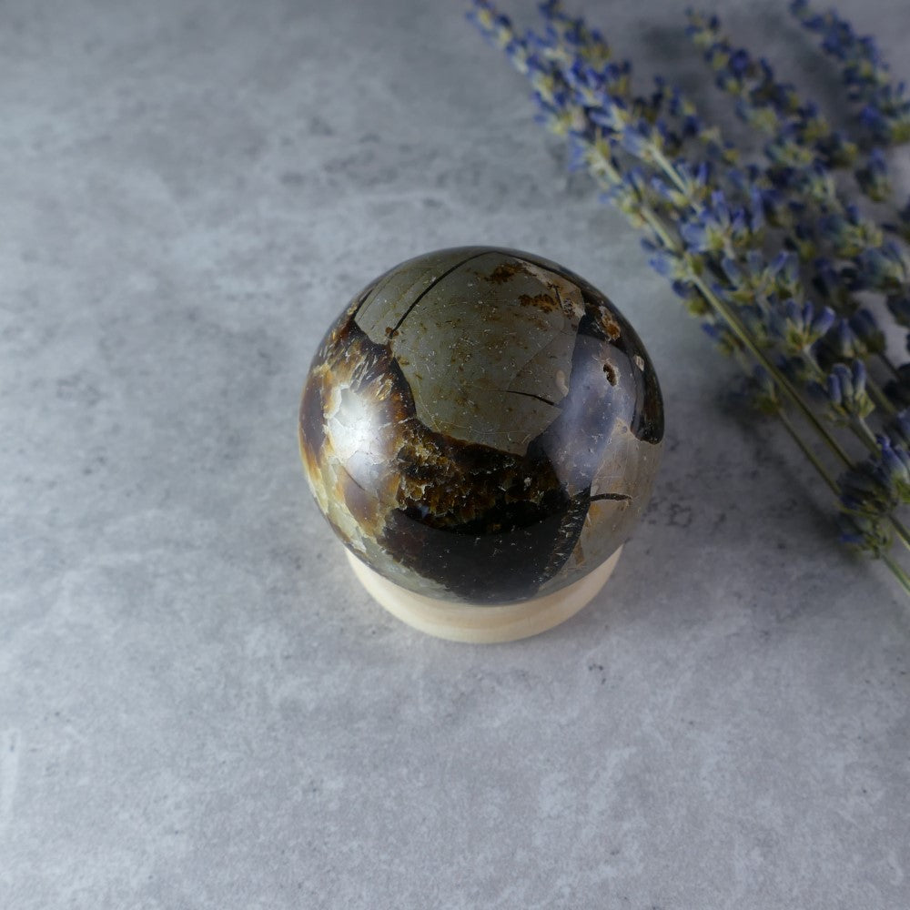 Dumi's Crystals Mini Septarian Sphere (4.4cm, 123g) - Earth's Wisdom in Your Pocket. Millions-year-old stone with captivating patterns promotes well-being wherever you go. 