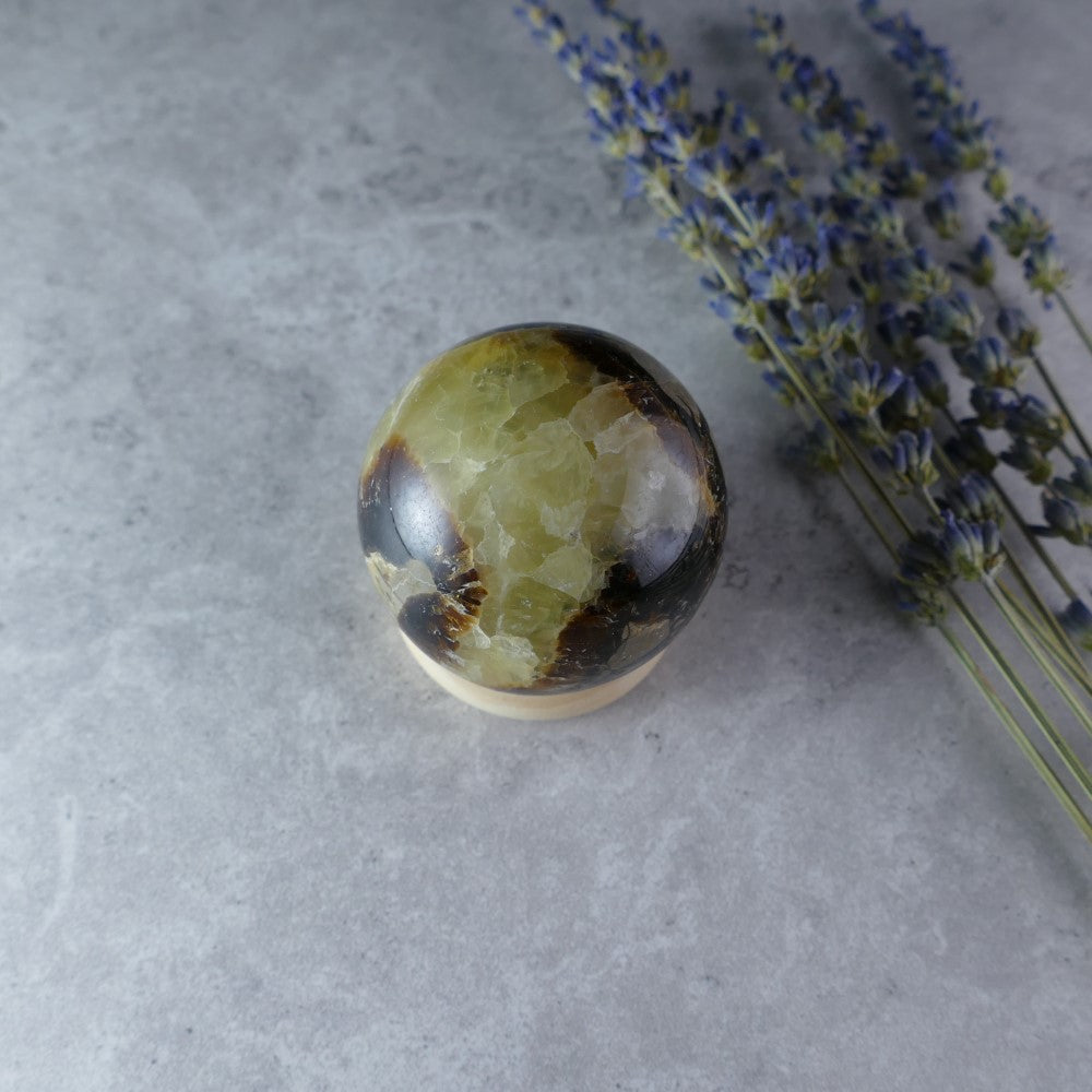 Discreet Earth Magic - Dumi's Crystals Mini Septarian Sphere (4.4cm, 123g). Powerful punch in a small package! Golden calcite, aragonite & limestone for well-being.