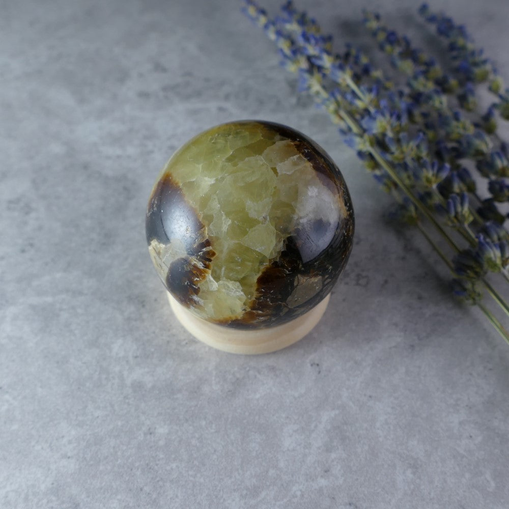 Dumi's Crystals Mini Septarian Sphere (4.4cm, 123g) - Ancient Earth Power, Discreetly! Powerful & portable sphere with golden calcite, aragonite & limestone for grounding on-the-go.