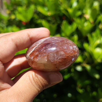 Hand holding a hematoid quartz crystal stone with a green leafy background