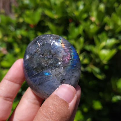 Person holding a labradorite stone with a green outdoor background
