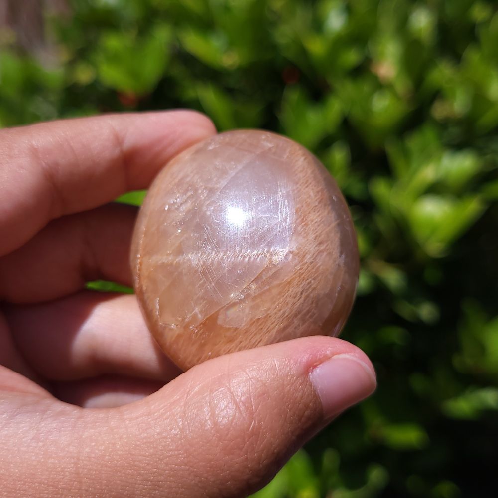 Hand holding a polished Peach Moonstone palm stone with a blurred green background