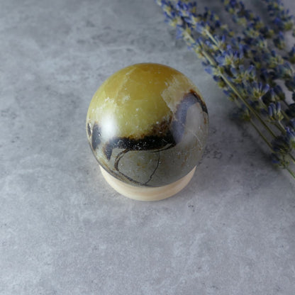  Earth's Energy in Your Pocket - Dumi's Crystals Mini Septarian Sphere (4.4cm, 120g). Powerful punch in a small package! Unique crystal with warm colors for well-being.