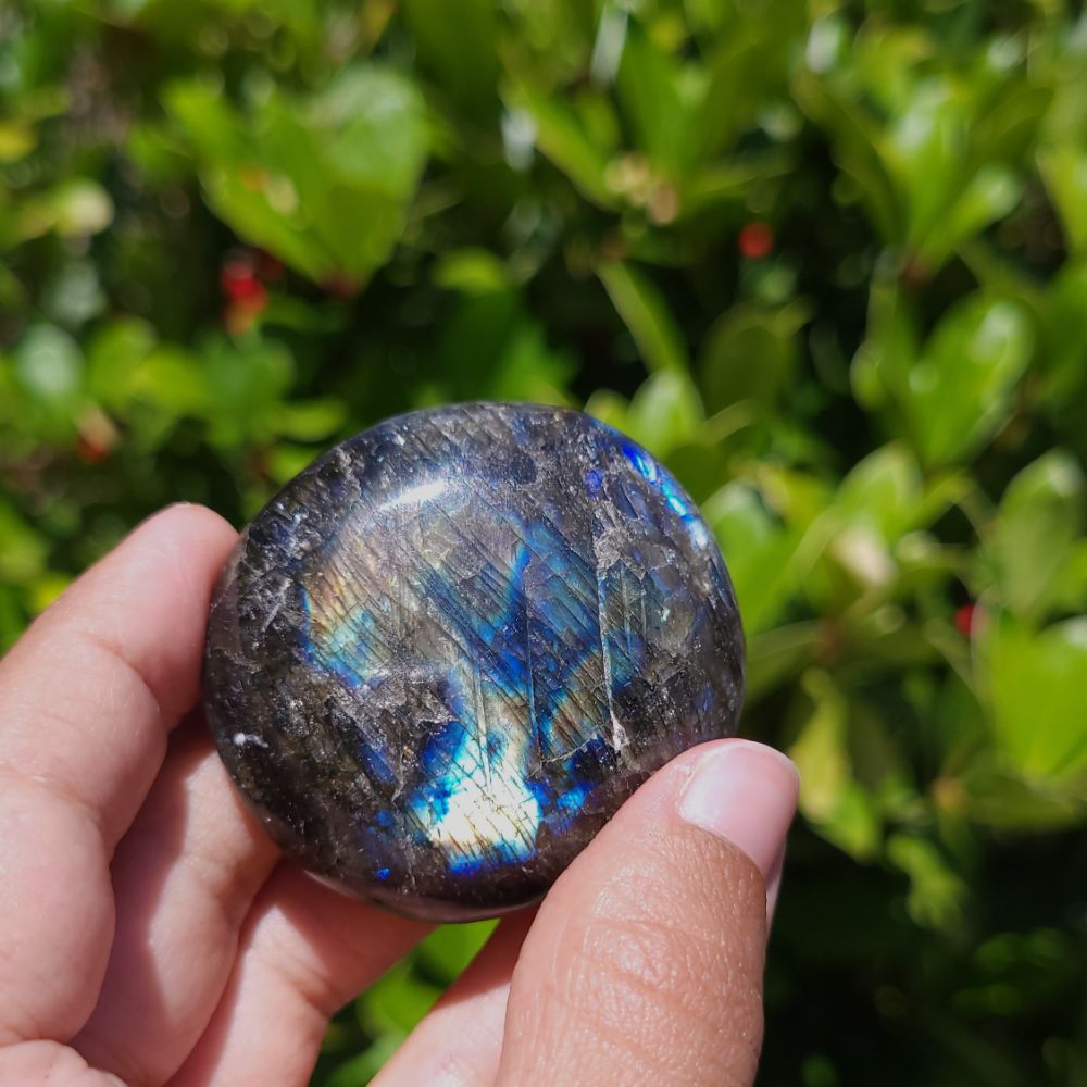 Hand holding a labradorite stone with a colorful sheen against a green outdoor background