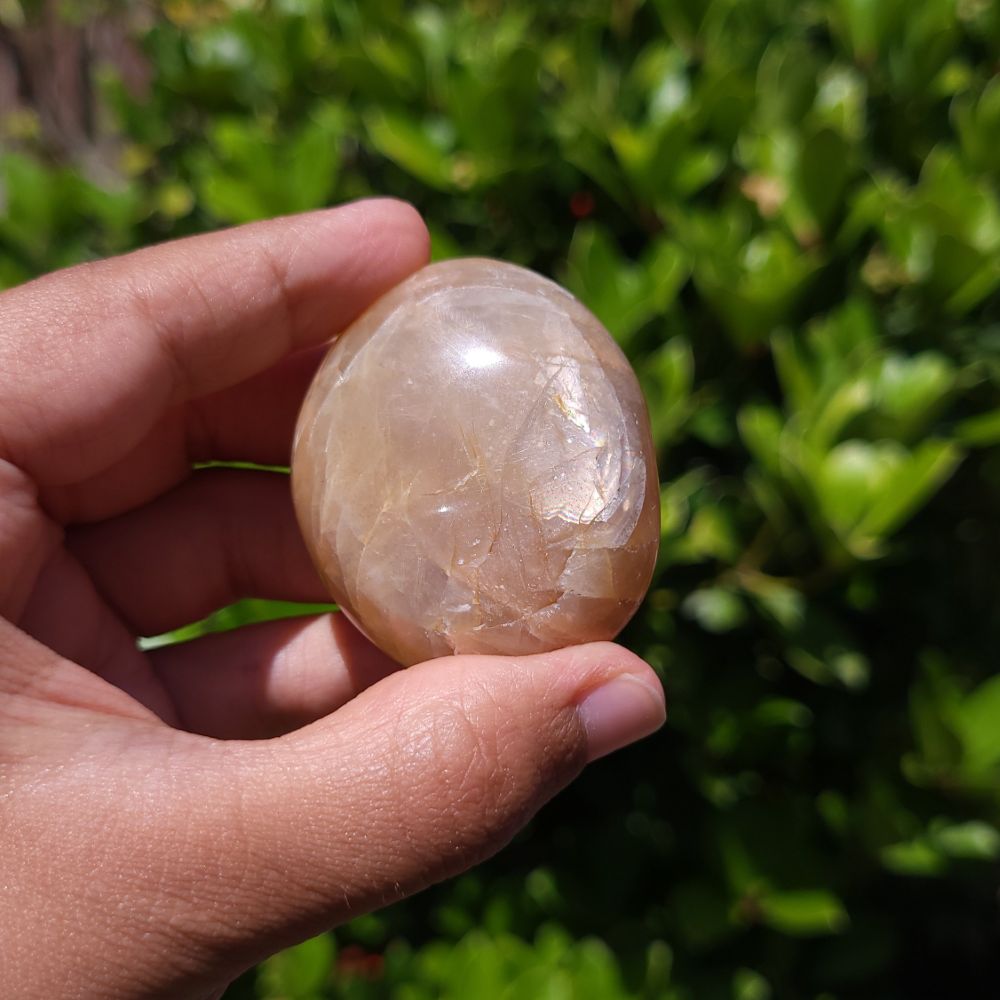 Hand holding a polished Peach Moonstone palm stone against a green leafy background