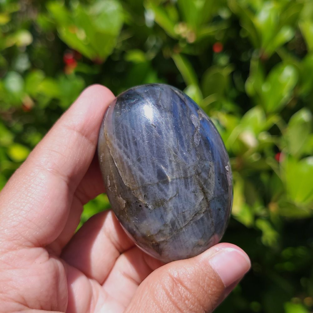 Hand holding a polished labradorite stone with a blurred green foliage background
