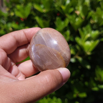 Hand holding a polished Peach Moonstone palm stone with a natural green background