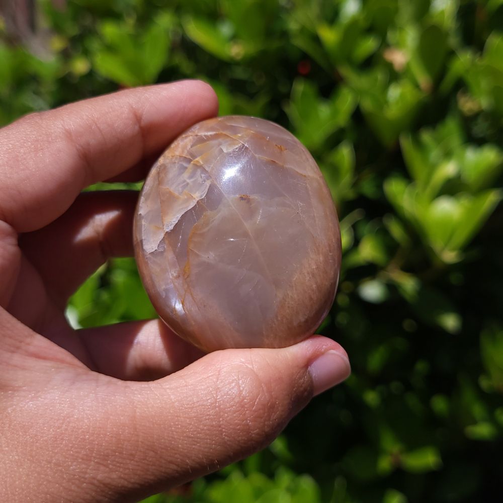 Hand holding a polished Peach Moonstone palm stone with a natural pattern against a green leafy background