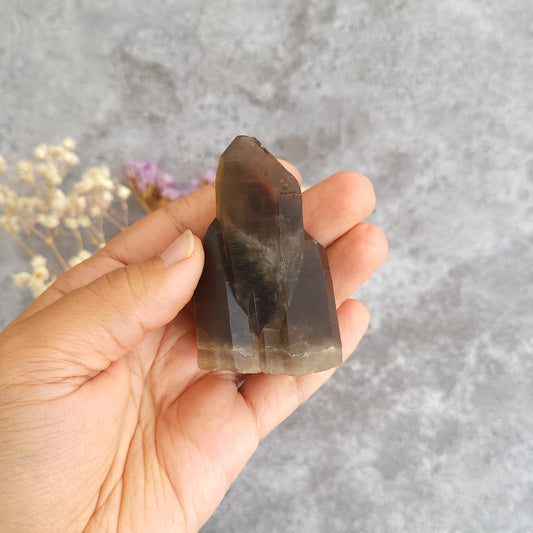 A hand holding a raw smoky quartz crystal point against a textured gray background with dried flowers.