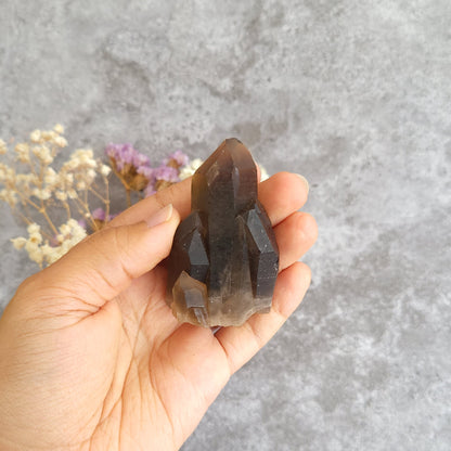 A hand holding a faceted smoky quartz crystal cluster against a textured gray background with dried flowers in the corner.