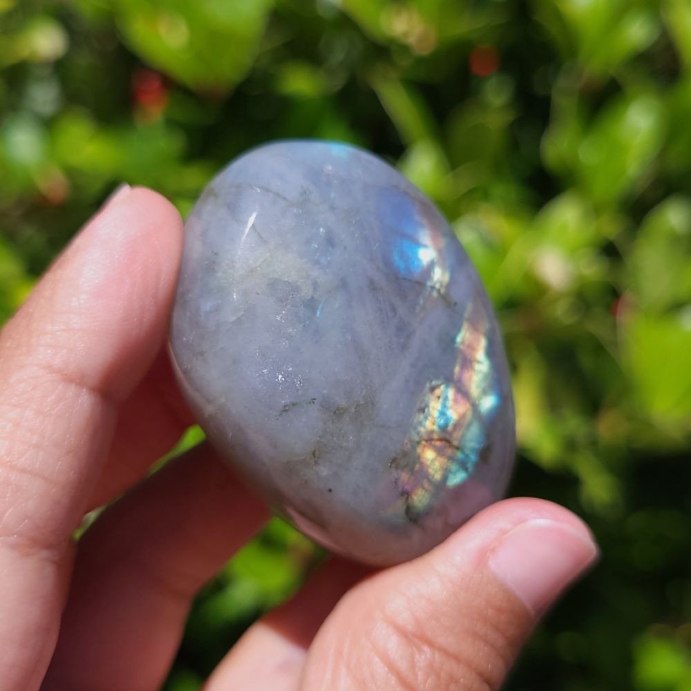 Hand holding a labradorite stone with a blurred green background