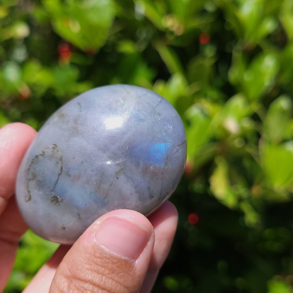 Blue flash labradorite palm stone held in a hand with a blurred green background