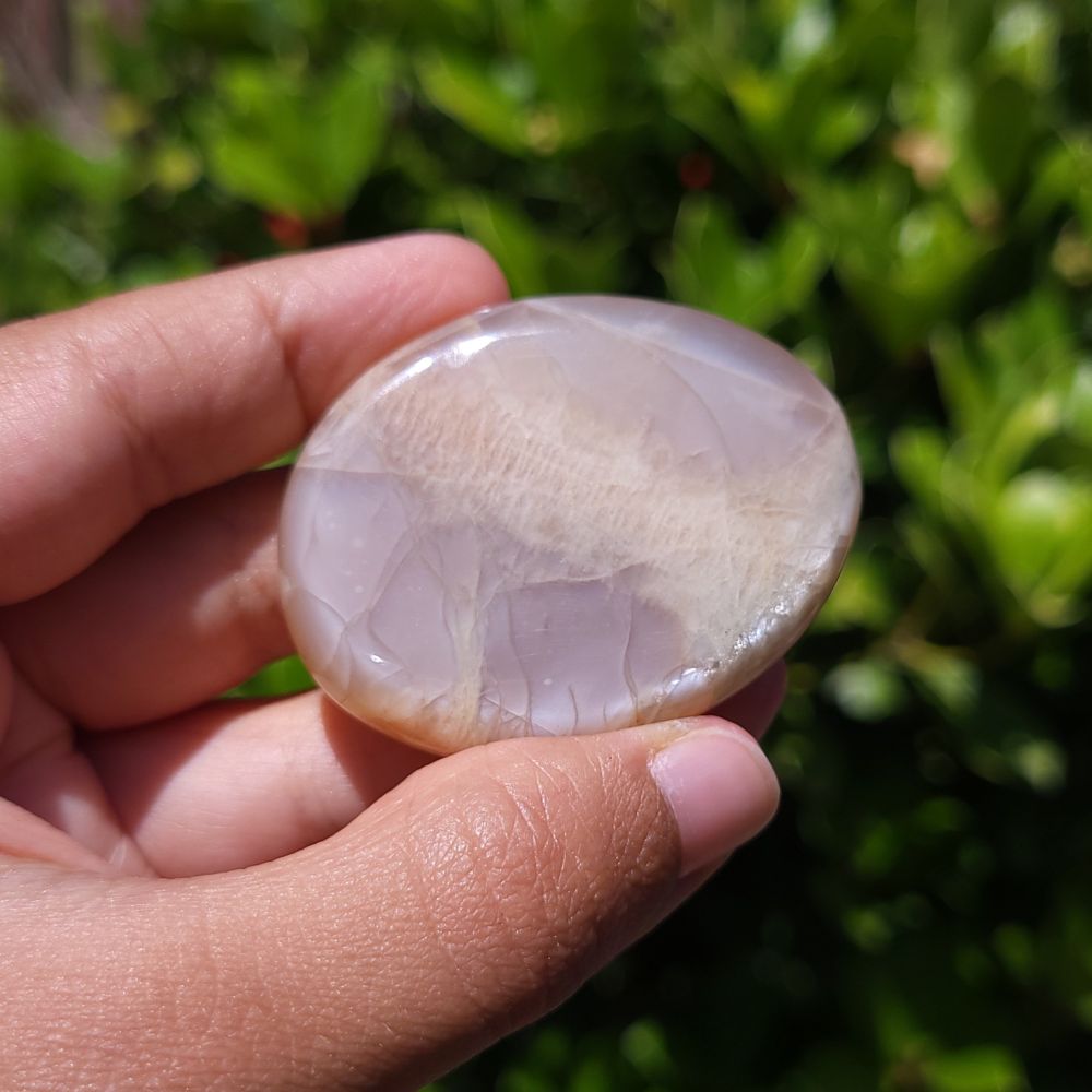 Hand holding a smooth, polished Peach Moonstone flat palm stone against a blurred green background