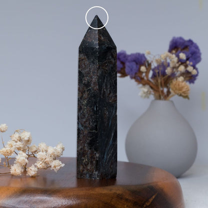 Arfvedsonite tower on a wooden surface with flowers and a vase in the background