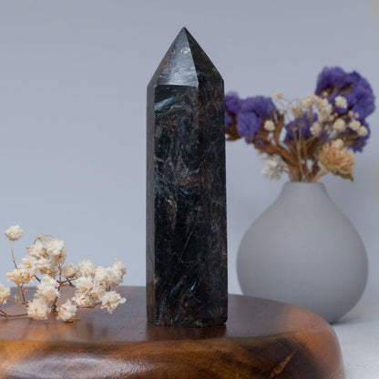 Arfvedsonite crystal tower on a wooden surface with a vase of flowers in the background