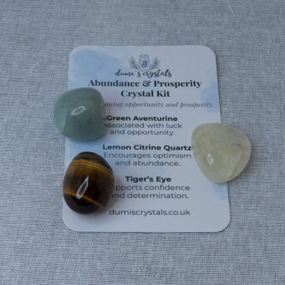 Crystal kit with stones on a card labeled 'Abundance & Prosperity' by dumiscrystals.co.uk