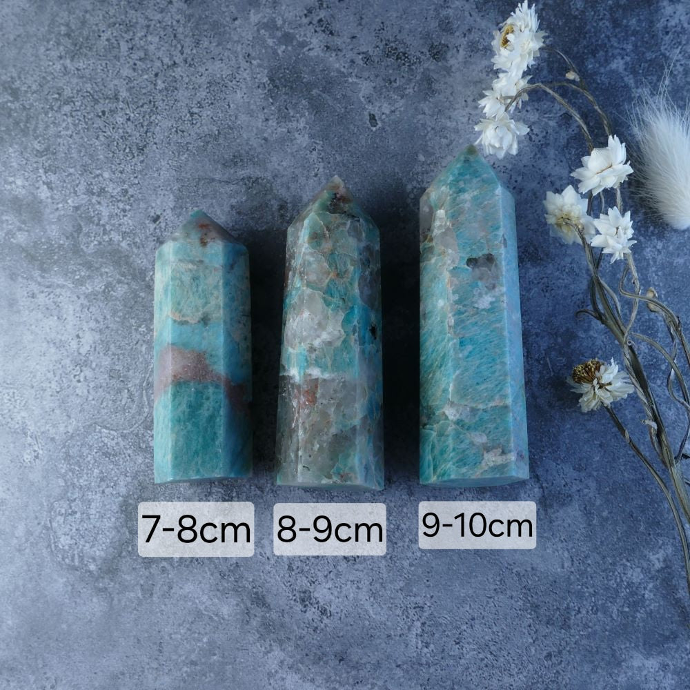 Dumi's Crystals: Amazonite with Smoky Quartz Tower (Choose Size). Balance & Protection. Calming energy, grounding power.