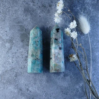 Gift of Positive Energy (Amazonite with Smoky Quartz Tower): Dumi's Crystals. Promotes emotional balance & well-being (Choose Size).