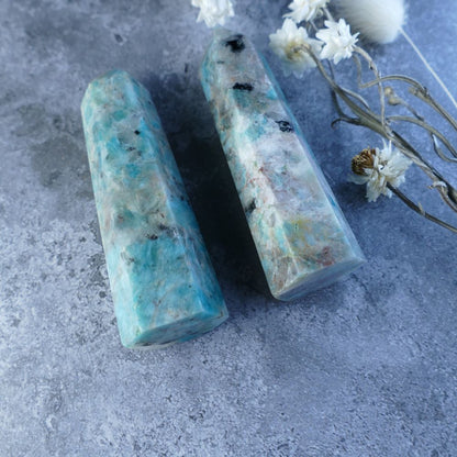 Desk or Altar Crystal (Amazonite & Smoky Quartz Tower): Dumi's Crystals. Promotes self-discovery & a calm space (Choose Size). 