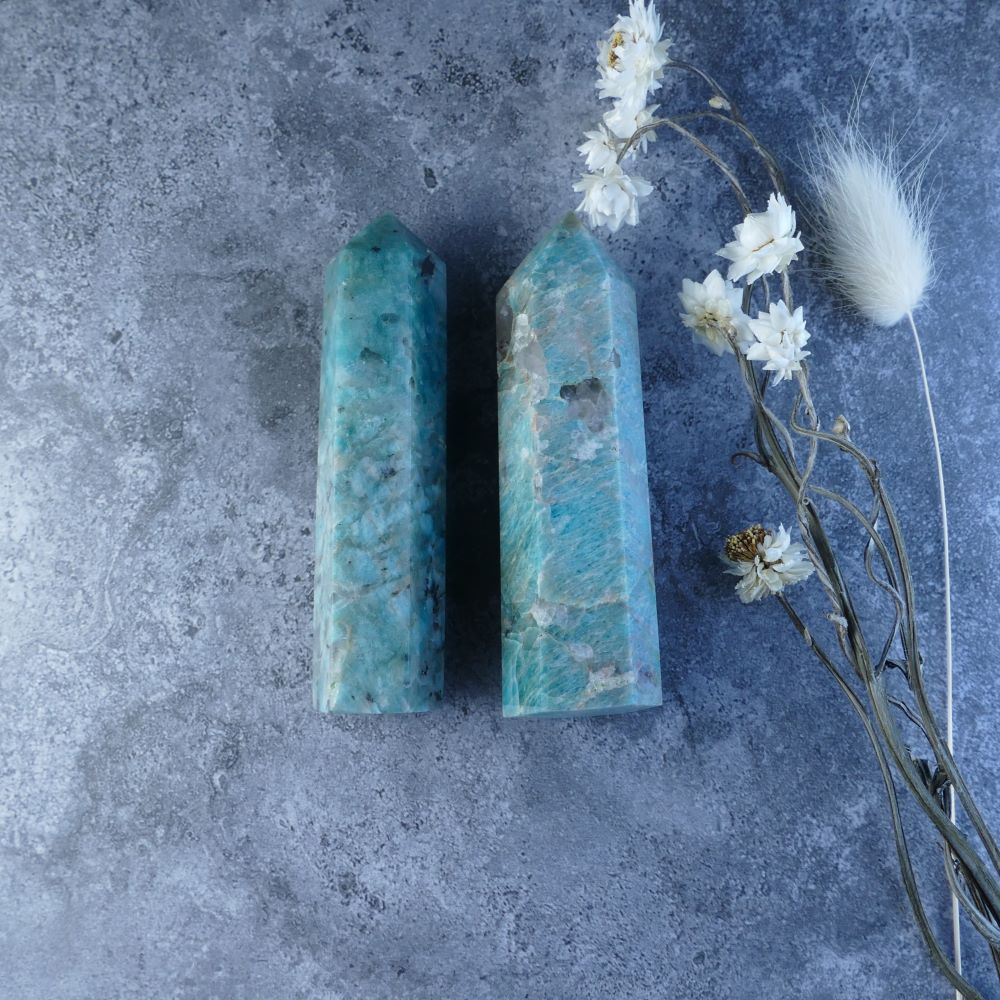 Crystal for Communication & Focus (Amazonite with Smoky Quartz): Dumi's Crystals. Enhances clarity & reduces stress (Choose Size). 