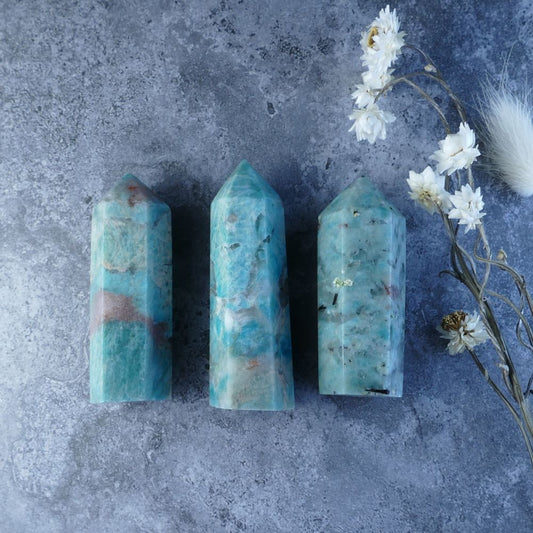 Meditation & Clarity (Amazonite & Smoky Quartz Tower): Dumi's Crystals. Promotes inner peace & focus (Choose Size). 