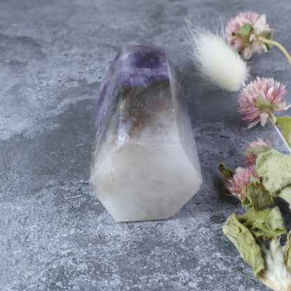 Spark Spiritual Growth (Amethyst, Smoky Quartz, White Quartz): Dumi's Crystals Triple Power Tower (8.1cm x 2.9cm x 3.1cm). Fosters balance & harmony. 