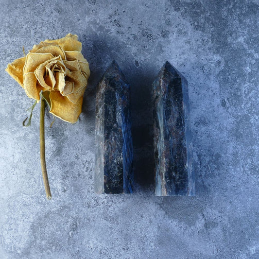Dumi's Crystals: Astrophyllite Tower (8.5-9cm, 85g). Transformation & Growth. Starry formations, grounding energy.