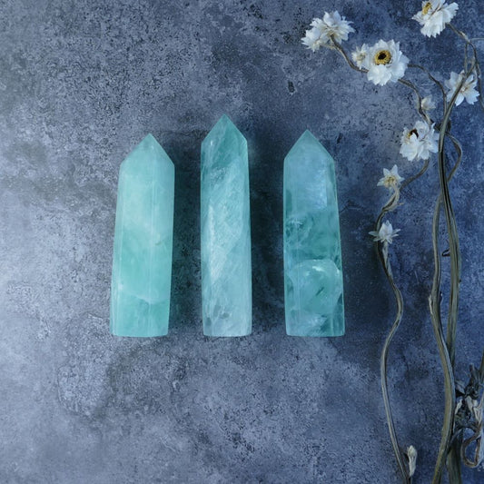 Dumi's Crystals: Baja Blast Fluorite Towers (Multiple Sizes Available). Clarity, Balance & Growth. Sea-green & blue hues, calming energy (Choose size/weight).