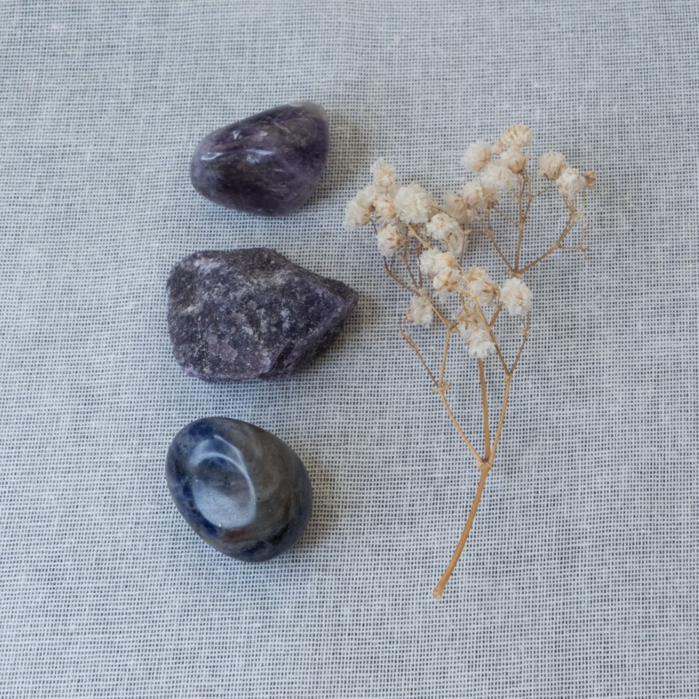 Two purple stones, one blue and a small branch with white flowers on a textured gray surface