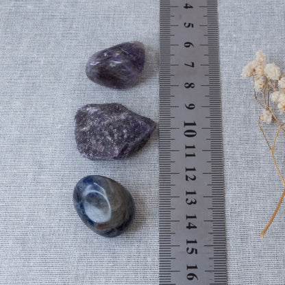 Three purple stones on a textured surface with a ruler for scale.