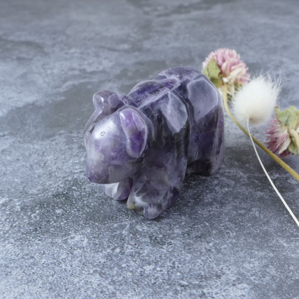 Unique Chevron Amethyst bear carving, hand-crafted from ethically sourced crystals.