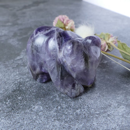 Adorable 2-inch Chevron Amethyst bear carving, perfect for meditation, crystal grids, or as a pocket-sized companion. 