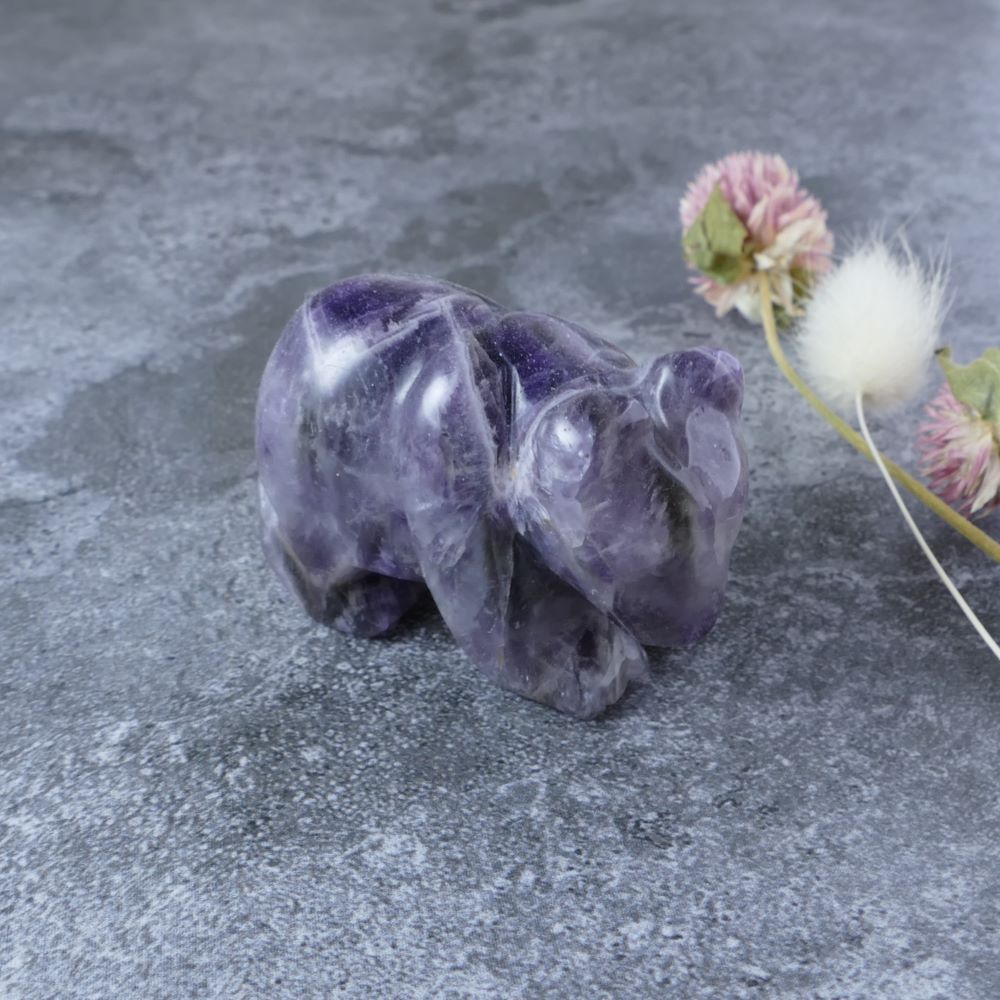Polished Chevron Amethyst bear sculpture, a powerful crystal promoting peace, intuition, and spiritual growth.  