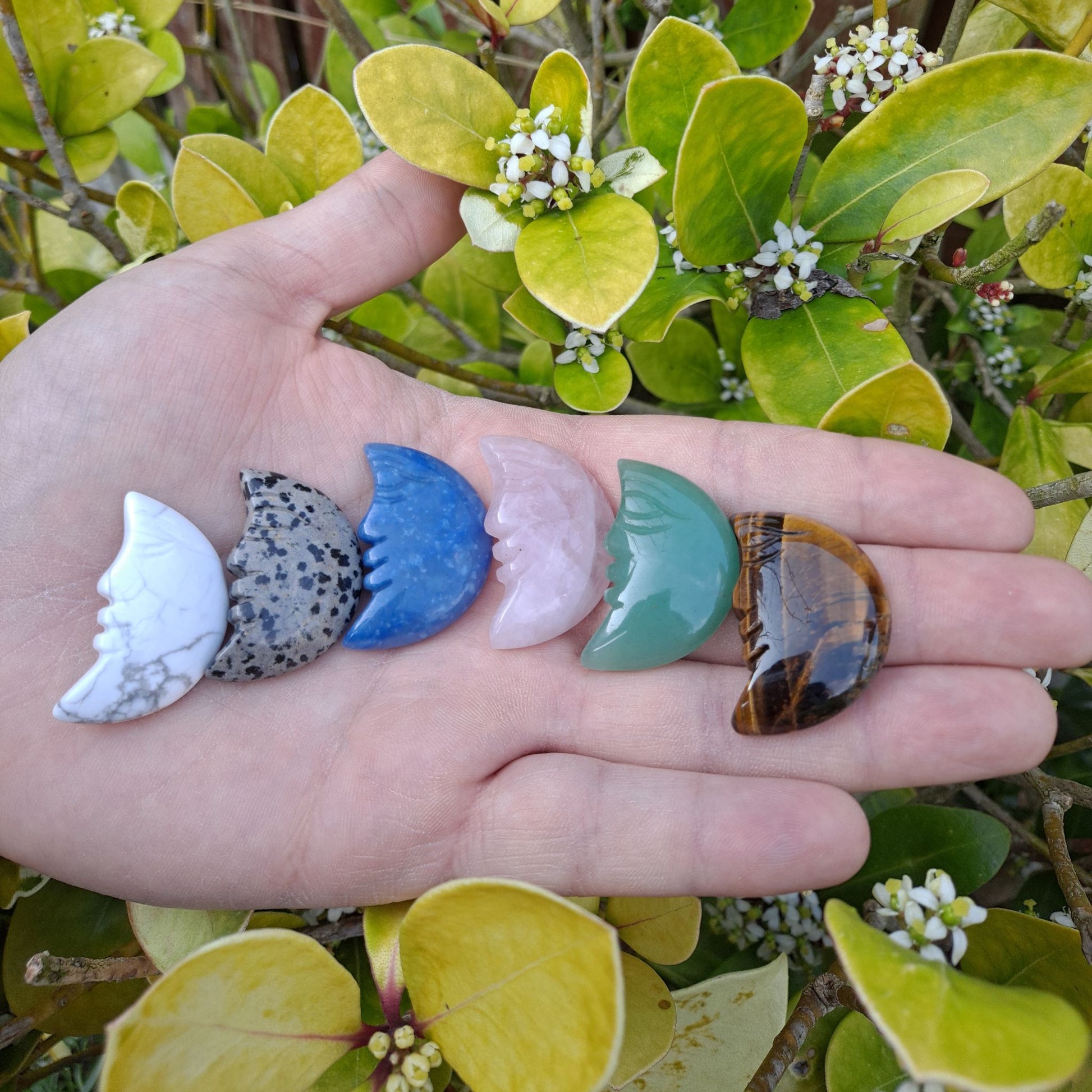 Pocket-Sized Serenity: Dumi's Crystals Howlite Moon Face Carving (34x20x8mm) brings tranquility & emotional balance wherever you go.