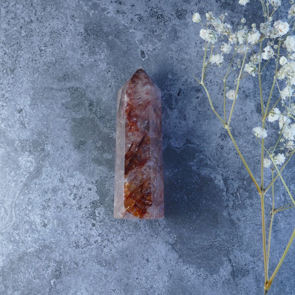 Energy Boosting Crystal Tower (Fire Quartz): Dumi's Crystals. Promotes vitality & emotional well-being (Choose weight/height).