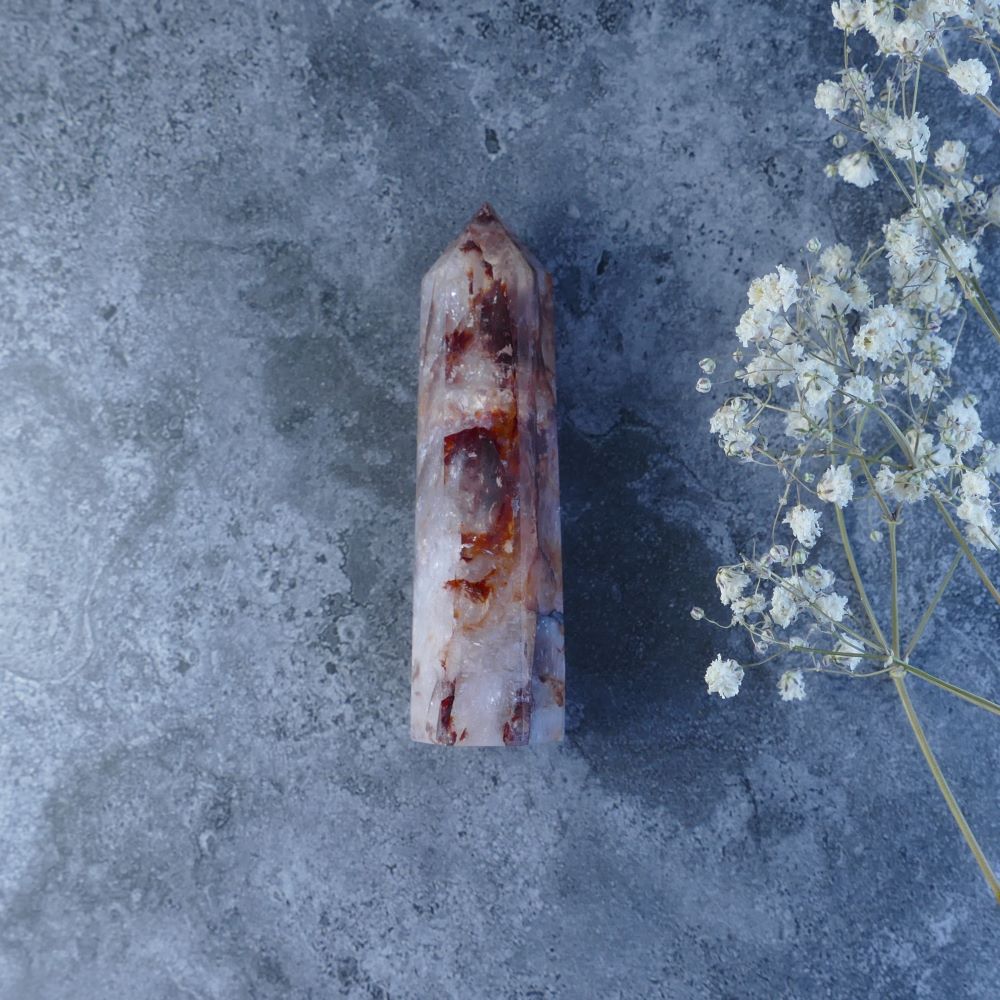 Crystal for Inner Strength & Focus (Fire Quartz Tower): Dumi's Crystals (3 Sizes). Enhances clarity & motivation (Approx 6.9-8.2cm tall).