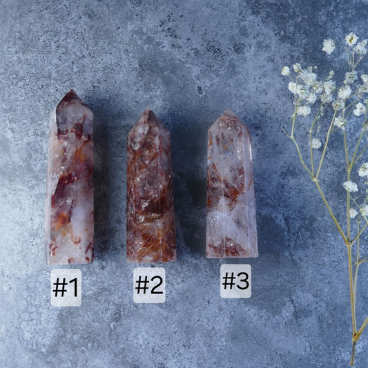 Dumi's Crystals: Fire Quartz Tower (Choose Size/Weight). Focus, Confidence & Balance. Fiery red inclusions, grounding energy (Multiple towers available).