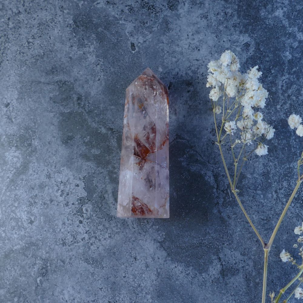 Home Decor with Fiery Energy (Fire Quartz Tower): Dumi's Crystals (Multiple Sizes). Unique red inclusions, uplifting energy (Choose your tower).