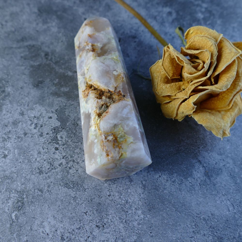 Slender Pink and White Flower Agate Crystal Point (9.3cm tall, 2.5cm wide, 89g) from Dumi's Crystals.