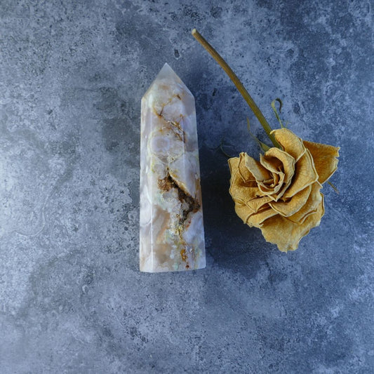 Dumi's Crystals - Flower Agate Tower (9.3cm tall, 2.5cm wide, 89g). Pink and white polished flower agate crystal tower.  pen_sparkDumi's Crystals - Flower Agate Tower (9.3cm tall, 2.5cm wide, 89g). Pink and white polished flower agate crystal tower.  